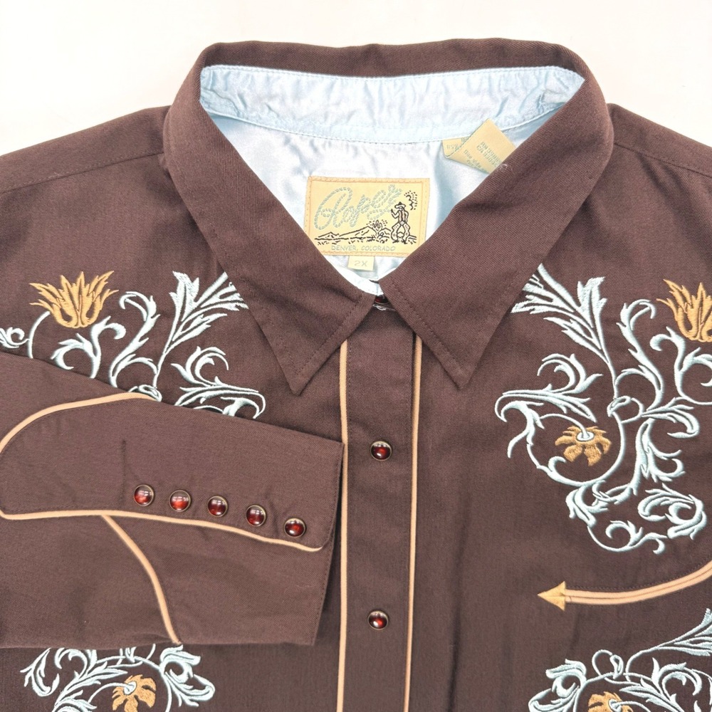 Roper Western Shirt Womens 2X Brown Embroidered Floral Snap Front Smile Pockets
